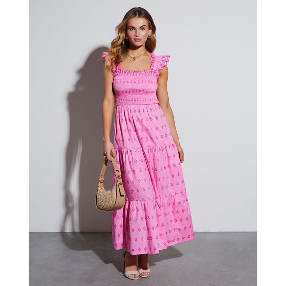 Moon River Smocked Floral Nap Dress Pink Size Small Midi Preppy Cottagecore - Picture 1 of 9